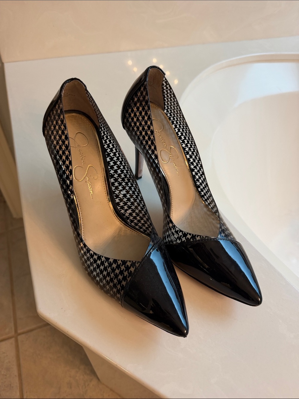 Jessica Simpson Black and White Houndstooth Patent Toe Stilettos